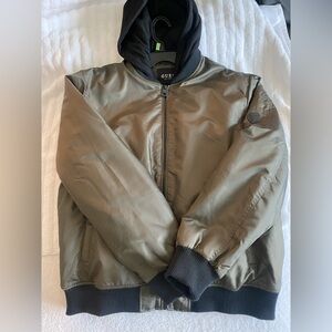 GUESS Men's Olive Bomber Jacket with removable hood with Black Accents